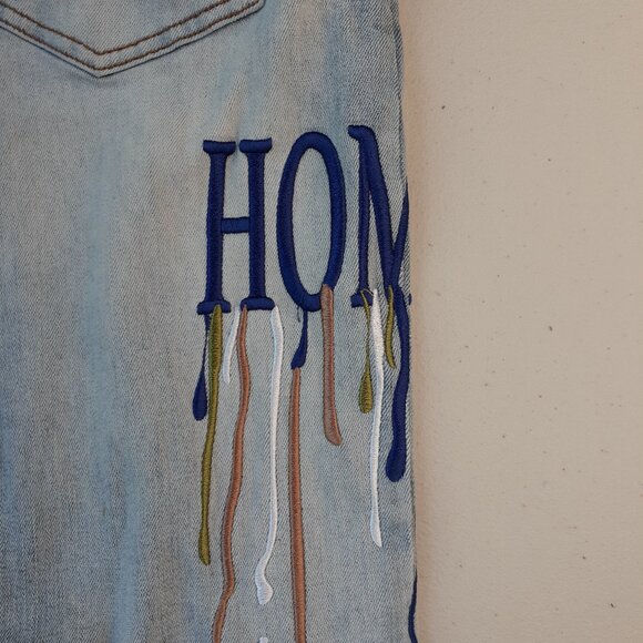Homme + Femme Size 30 Letterman Drip Embroidered Distressed Denim Blue Jeans - Picture 7 of 11
